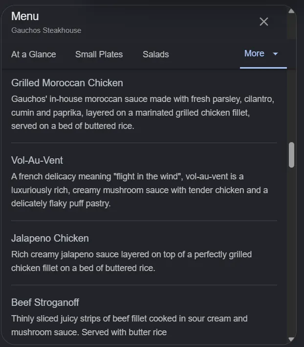 Gauchos Steakhouse menu, page 6