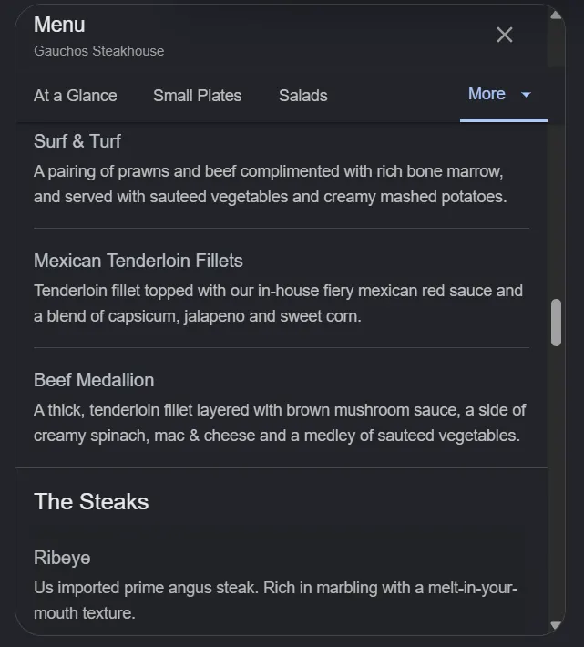 Gauchos Steakhouse menu, page 7