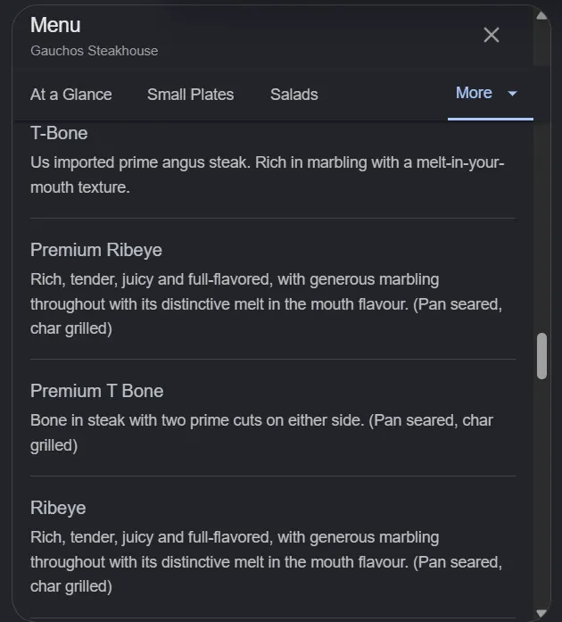 Gauchos Steakhouse menu, page 8