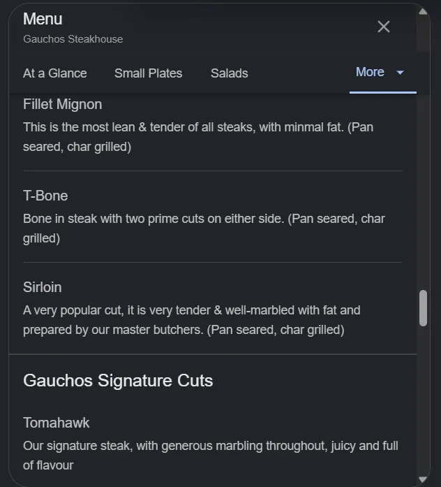 Gauchos Steakhouse menu, page 9