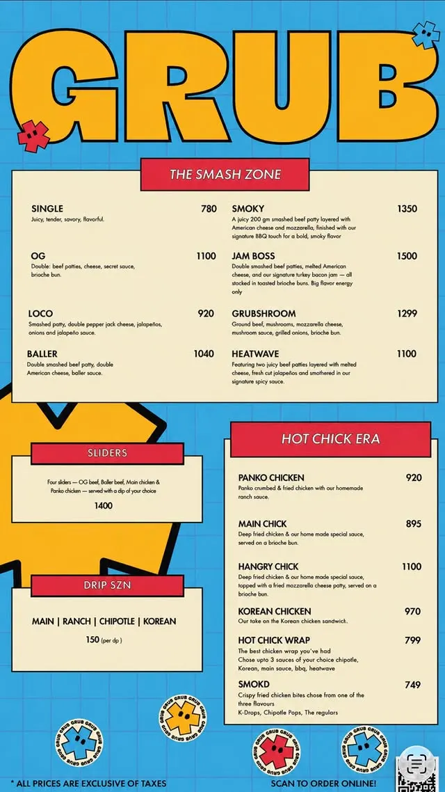 Grub Shack menu, page 1