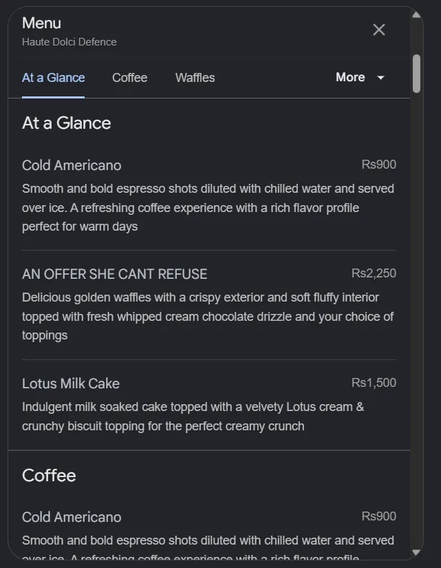 Haute Dolci Defence menu, page 1