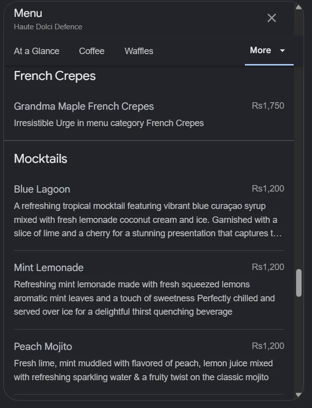 Haute Dolci Defence menu, page 10