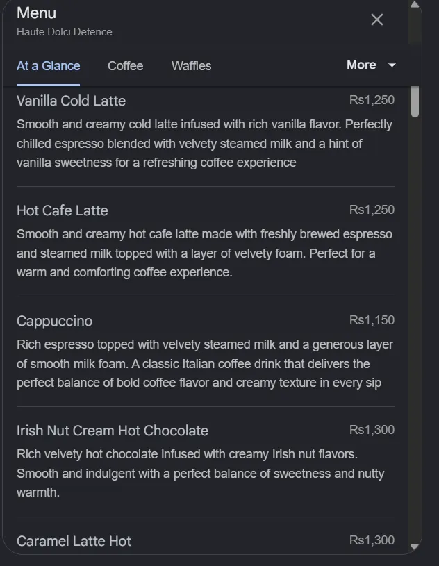 Haute Dolci Defence menu, page 2