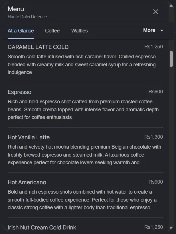 Haute Dolci Defence menu, page 3