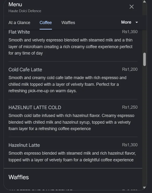 Haute Dolci Defence menu, page 4