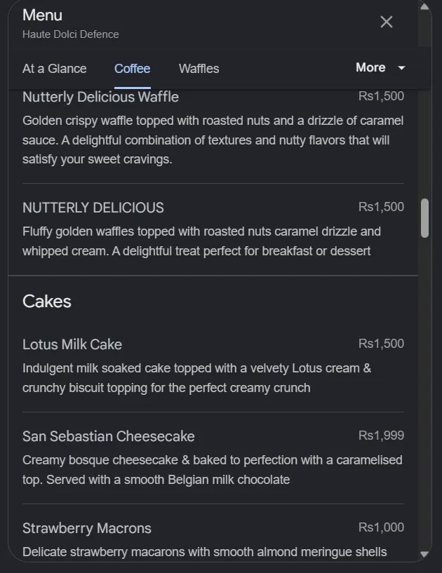 Haute Dolci Defence menu, page 5