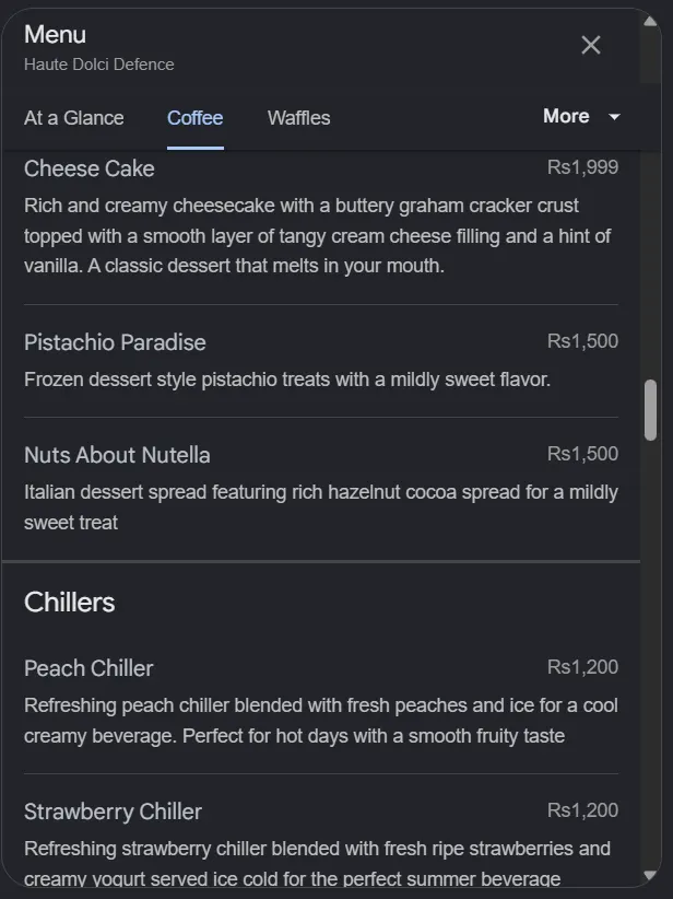 Haute Dolci Defence menu, page 6
