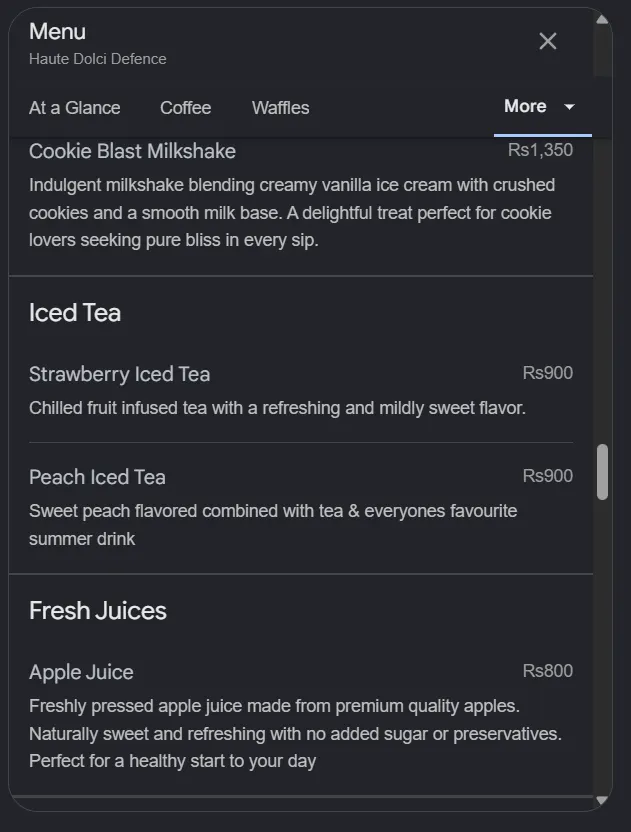 Haute Dolci Defence menu, page 8