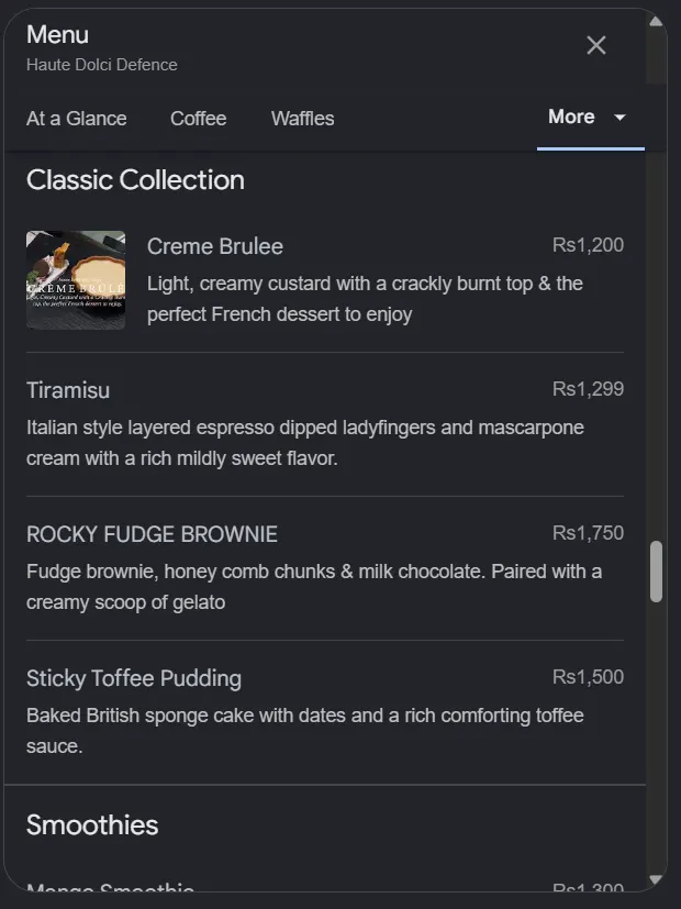 Haute Dolci Defence menu, page 9