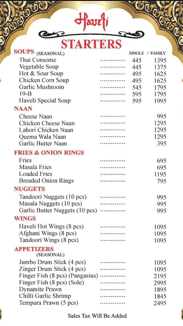 Haveli Restaurant menu, page 1