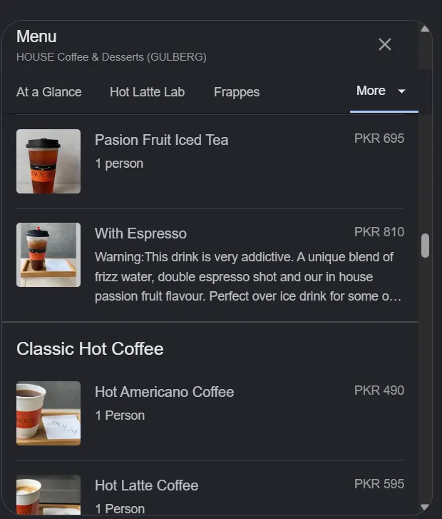 HOUSE Coffee & Desserts menu, page 10