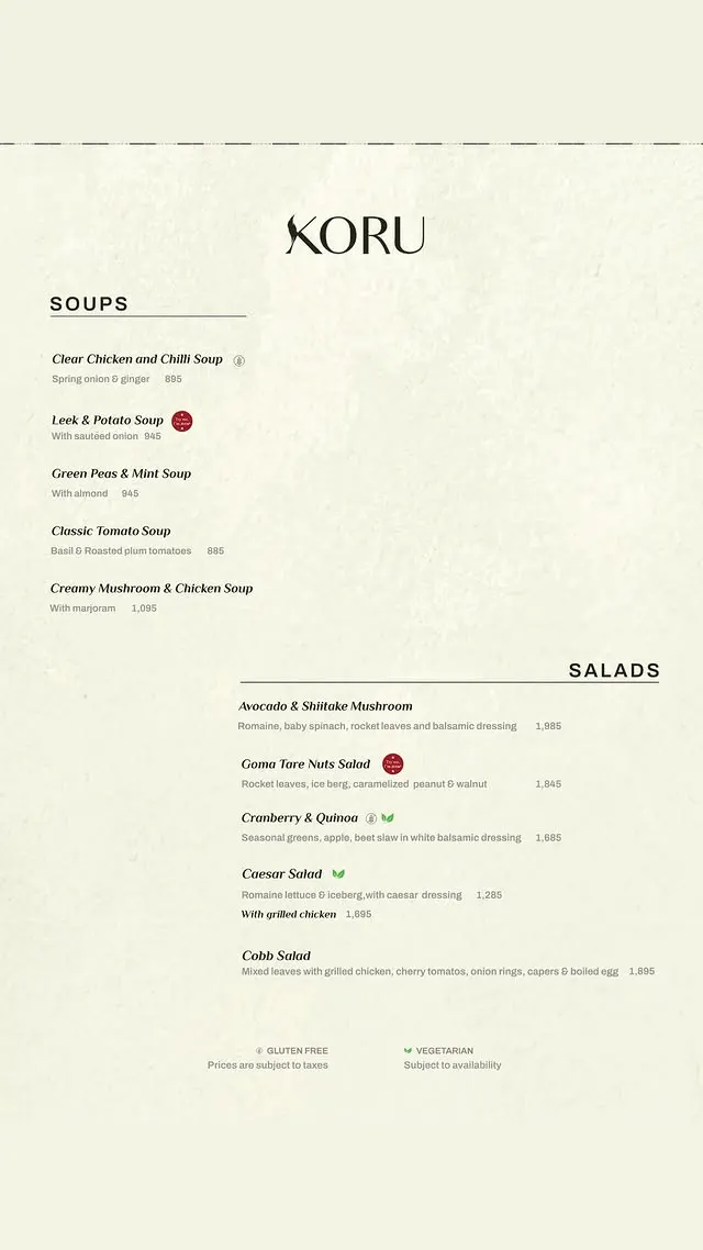 Koru Restaurant menu, page 1