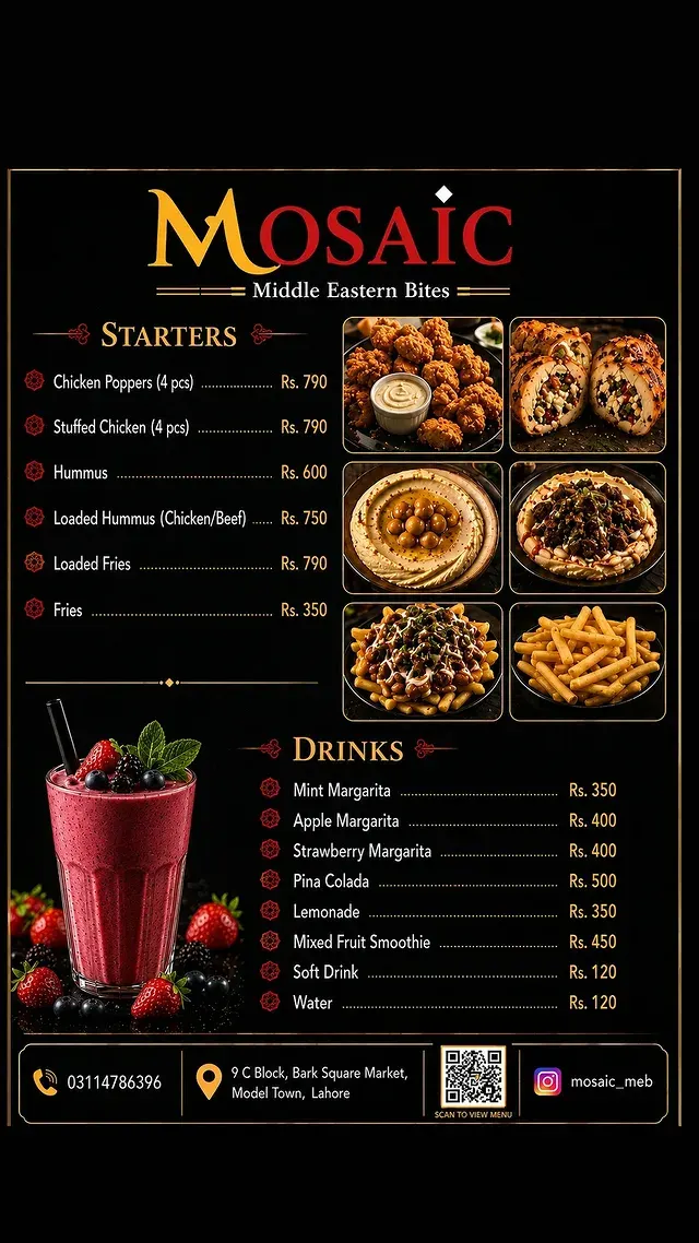 MOSAIC Restaurant Model Town menu, page 1