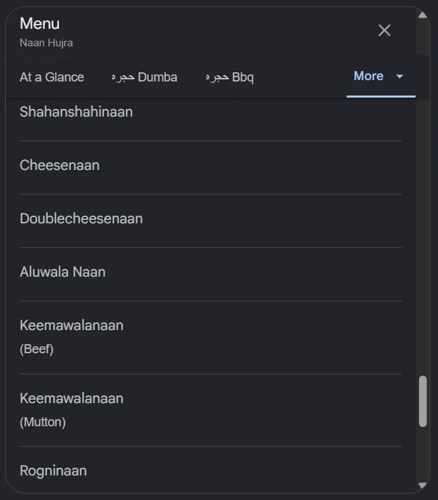 Naan Hujra menu, page 8