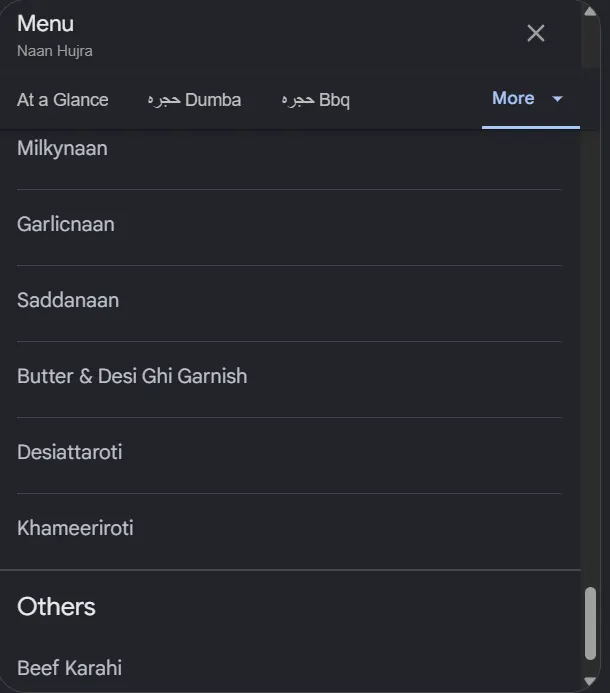 Naan Hujra menu, page 9