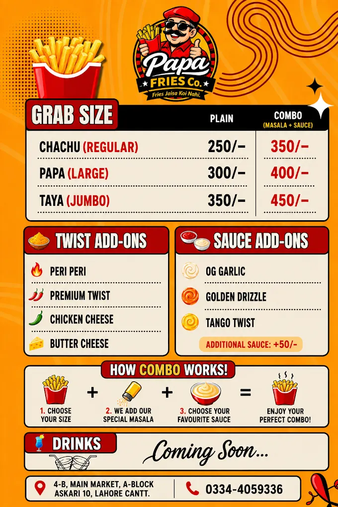 Papa Fries menu, page 1