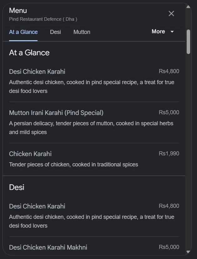 Pind Restaurant Defence menu, page 1
