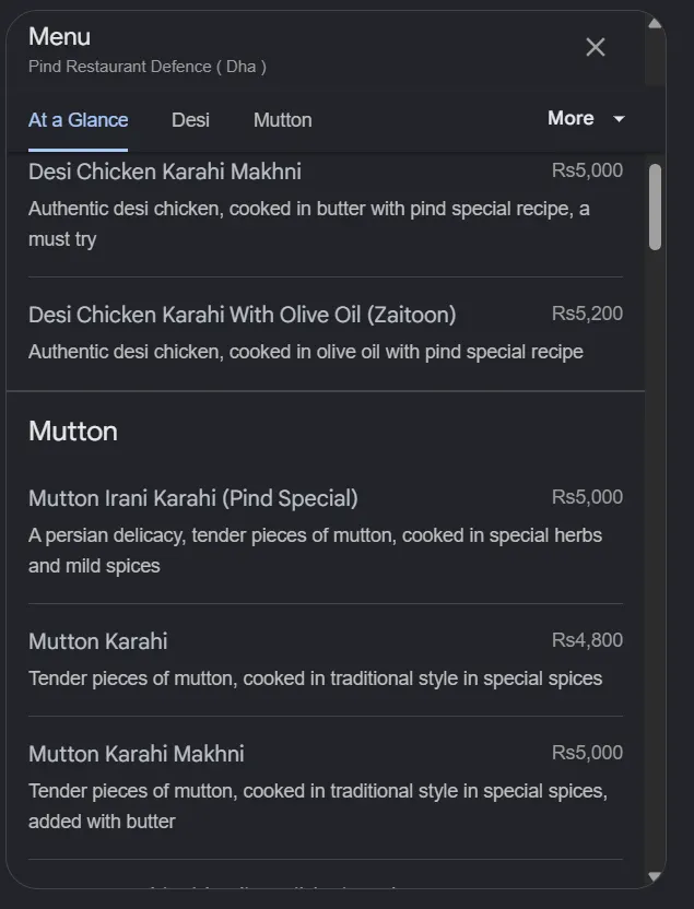 Pind Restaurant Defence menu, page 2