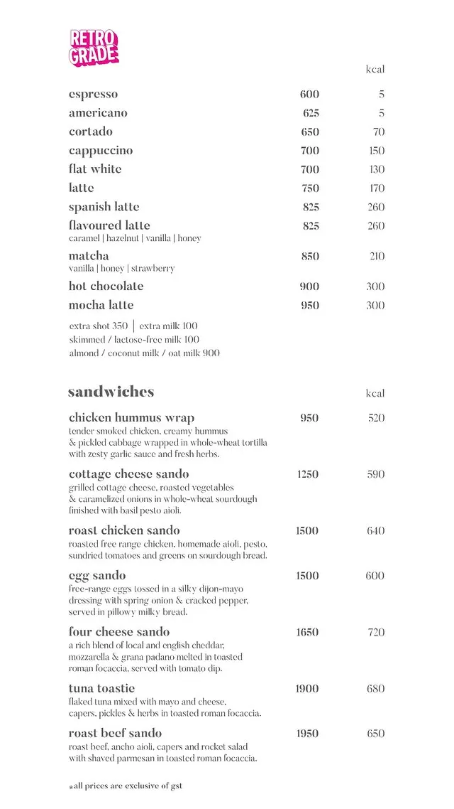 Retrograde Coffee menu, page 1