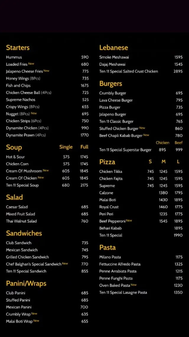 Ten 11 Lounge menu, page 1