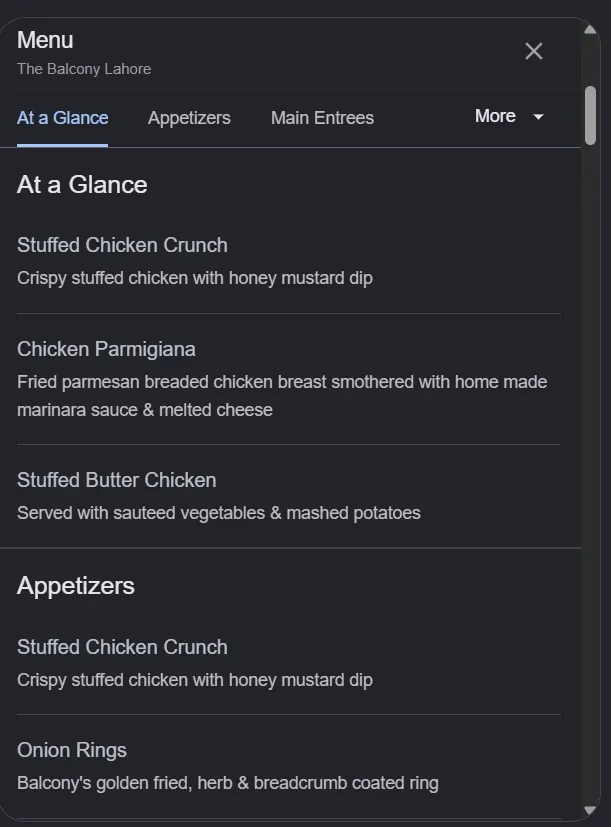 The Balcony Lahore menu, page 1