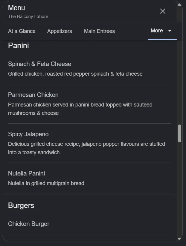 The Balcony Lahore menu, page 8