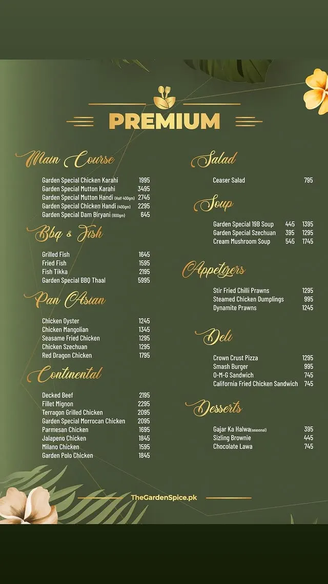 The Garden Spice menu, page 1