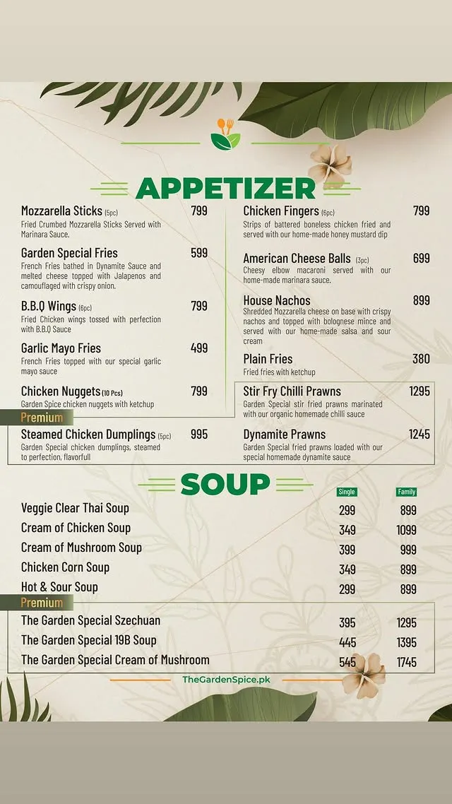 The Garden Spice menu, page 2