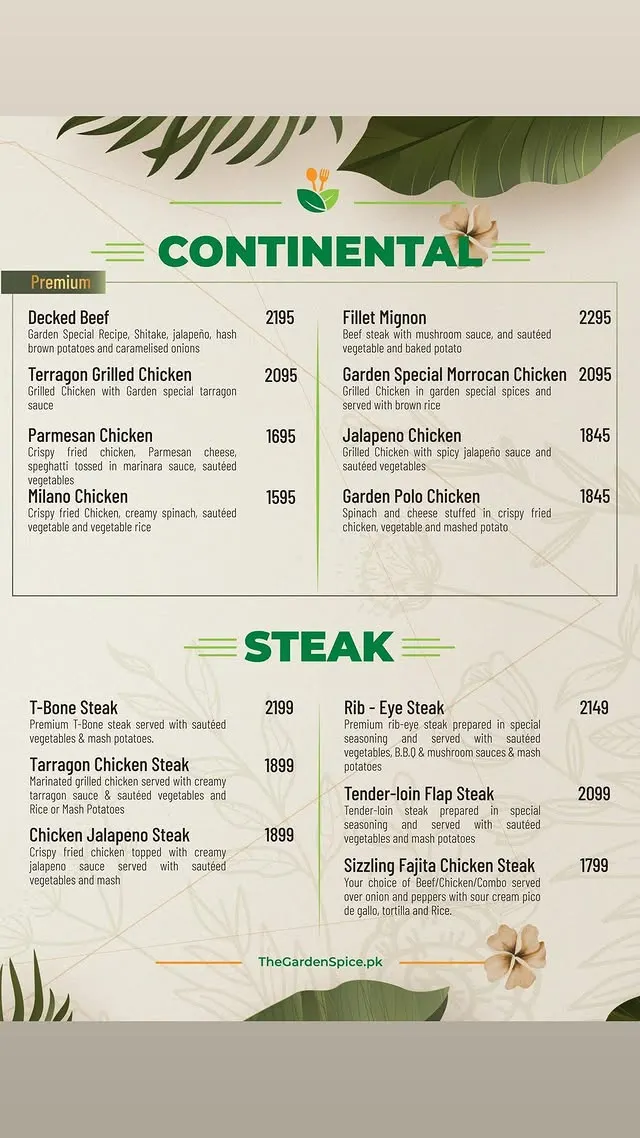 The Garden Spice menu, page 6