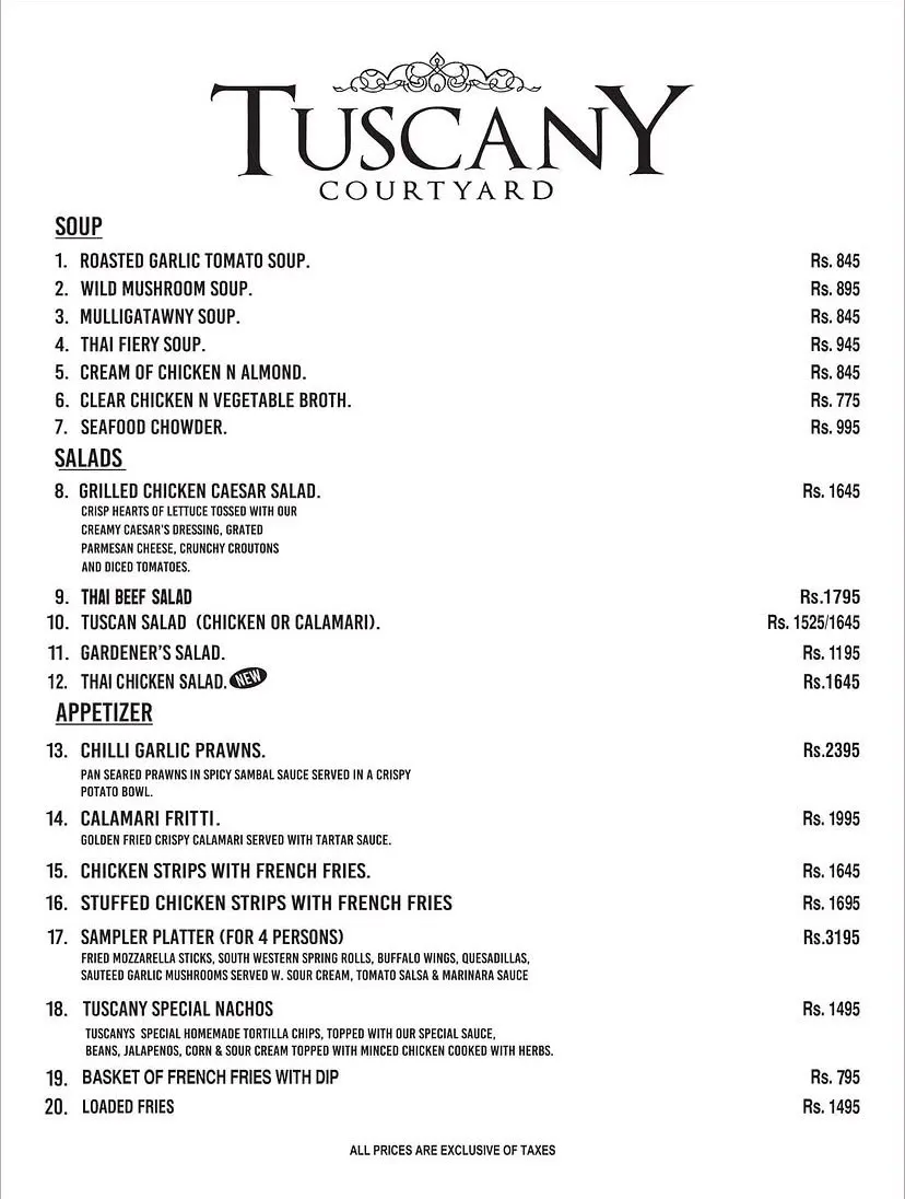 Tuscany Courtyard Lahore menu, page 1