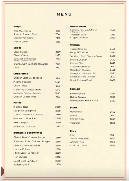 URBN menu, page 1