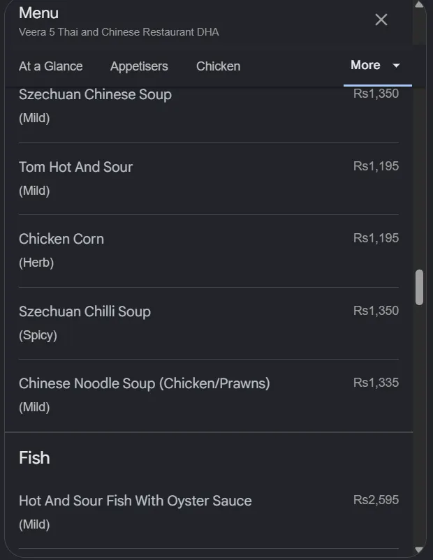 Veera 5 Thai and Chinese menu, page 8