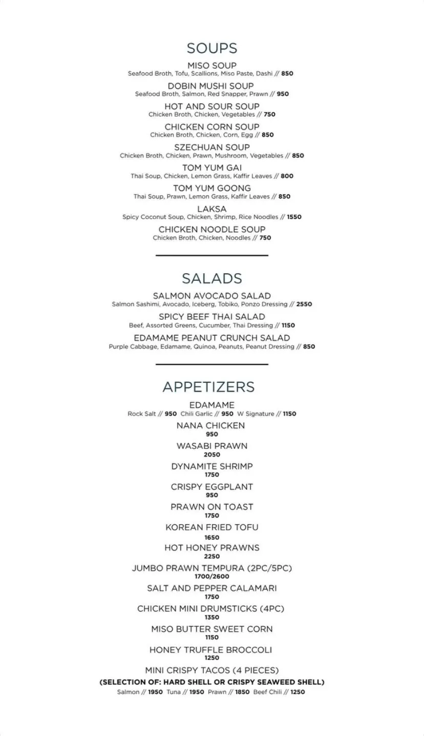 W by Wasabi menu, page 1